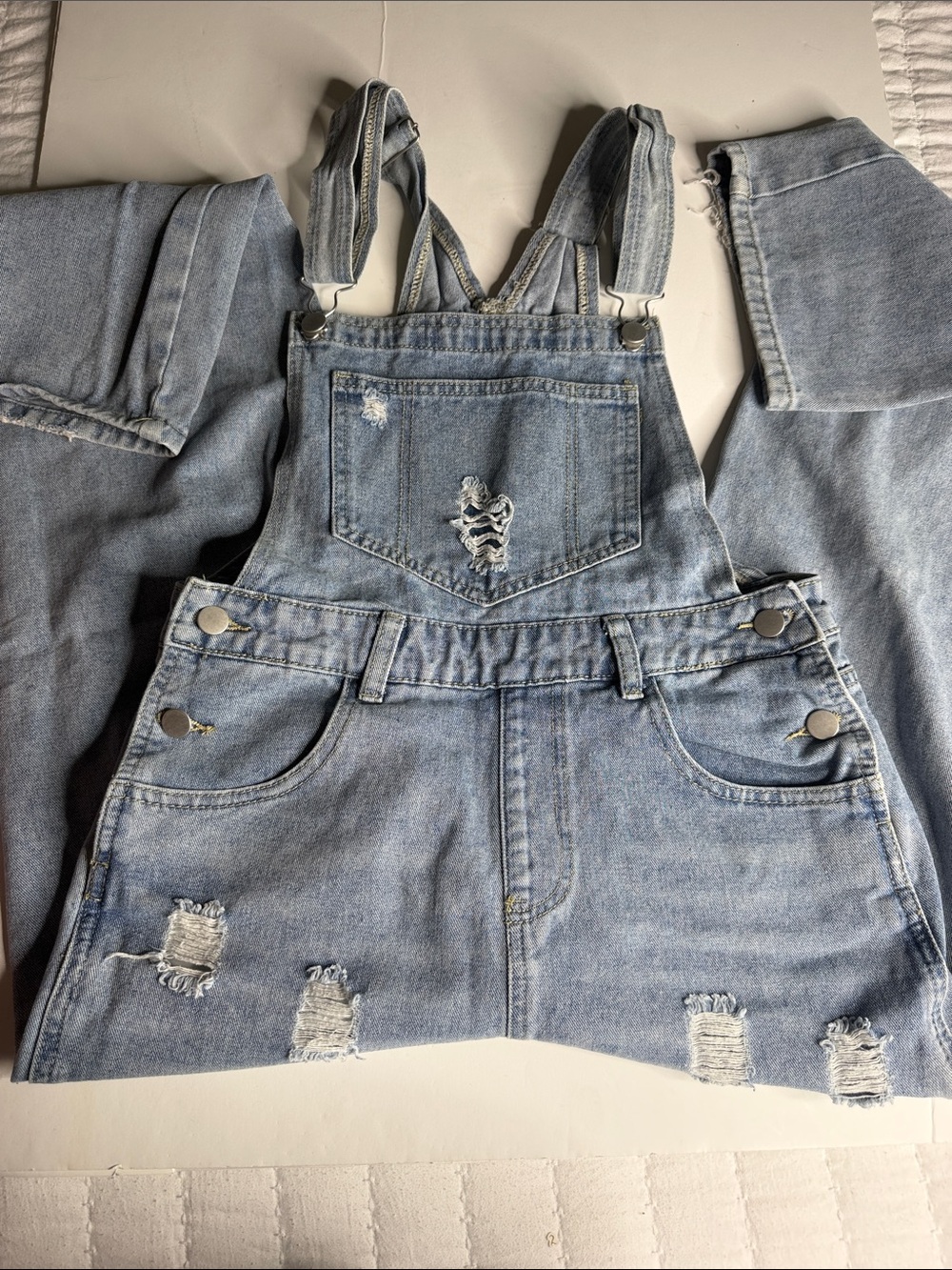 Light Blue Distressed Denim Overalls